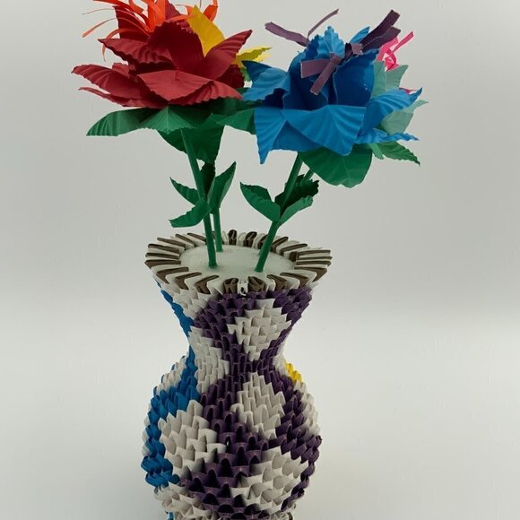 2018 Handmade Signed & Dated 3D Modular Origami Paper Flower Vase w/ Flowers - Picture 6 of 7